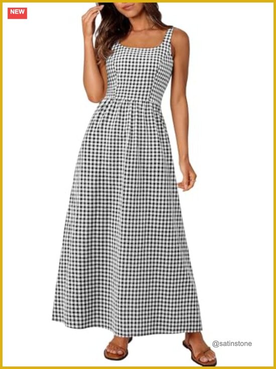 Dresses & Skirts - Spaghetti Strap Maxi Dress Plaid Square Neck A Line Beach Vacation Casual